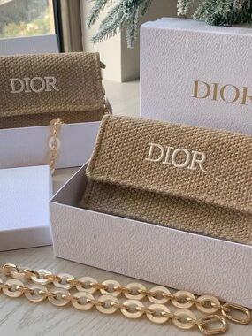 Dior Raffia GWP Shoulder Bag Clutch Tan Straw Purse Acrylic chain with Box NEW